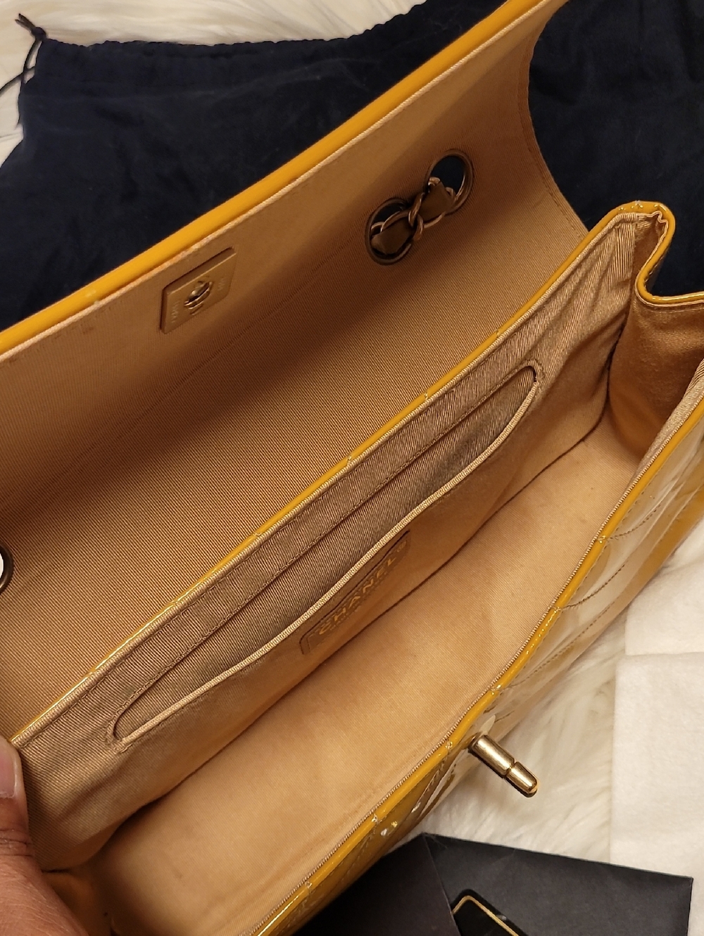 CHANEL Patent Chevron Quilted Shoulder Bag in Mustard - Picture 6 of 13